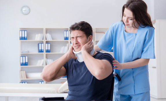 a person wearing a neck brace after a truck accident